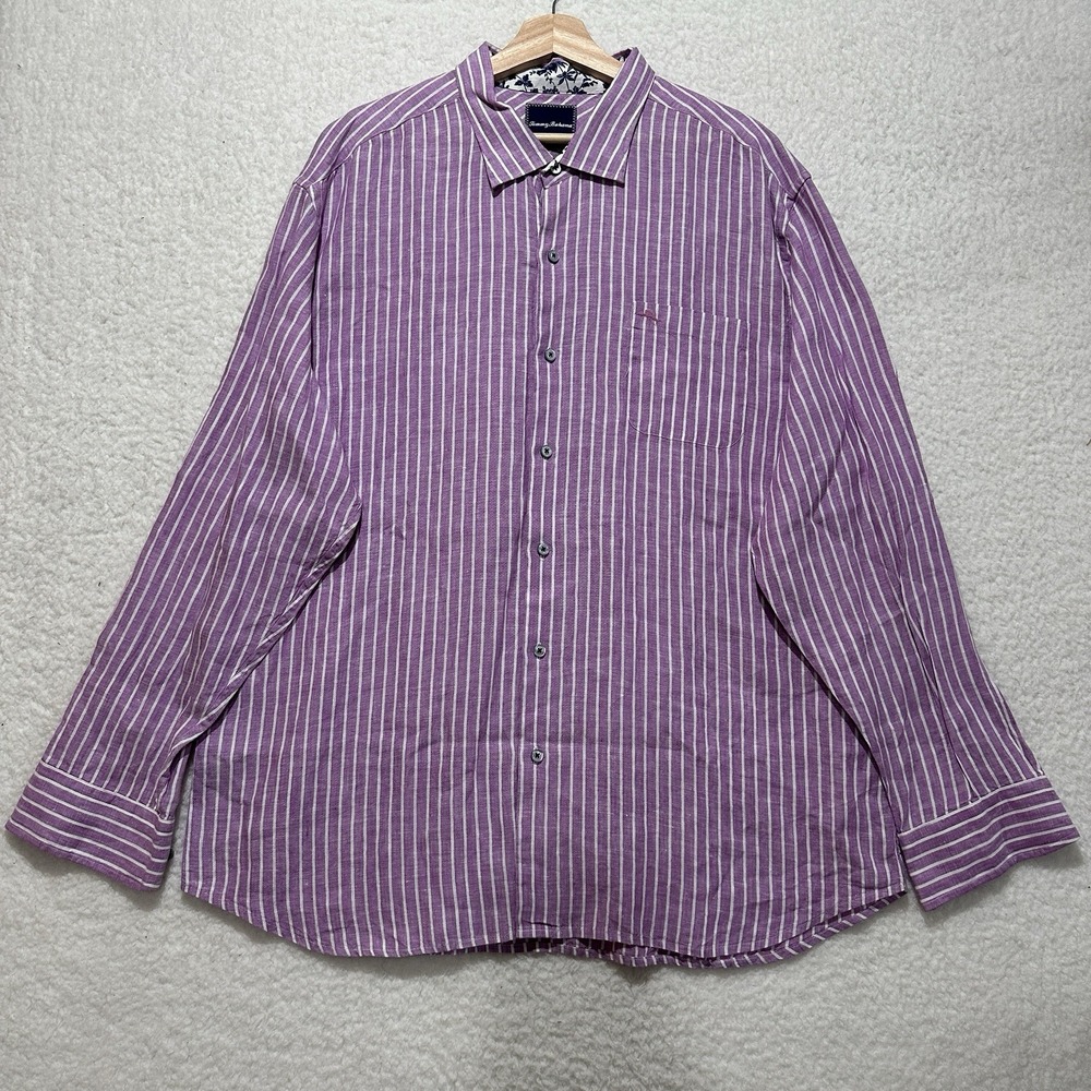 Tommy Bahama Purple White 100% Linen Striped Logo Long Sleeve Shirt Size XXL/TTG